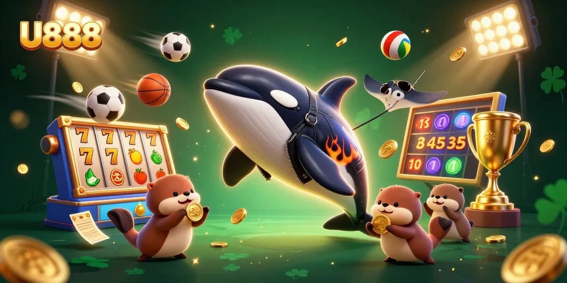 U888 casino promotion featuring a dynamic 3D orca, stingray, and otters holding coins in a vibrant gaming scene.
