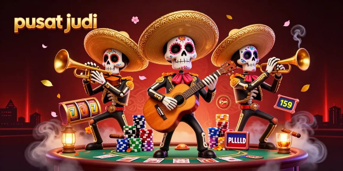 Pusat judi dengan slot, jackpot, dan band mariachi meriah dalam ilustrasi 3D yang penuh warna.