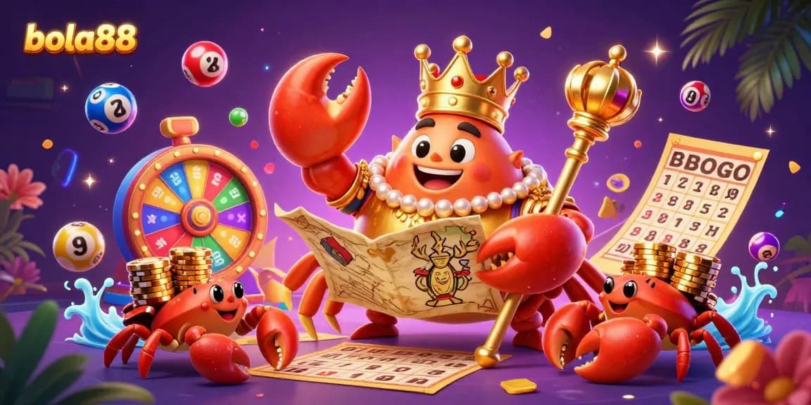 Bola88 engages players with dynamic lottery elements, a golden crab, and vibrant casino imagery.
