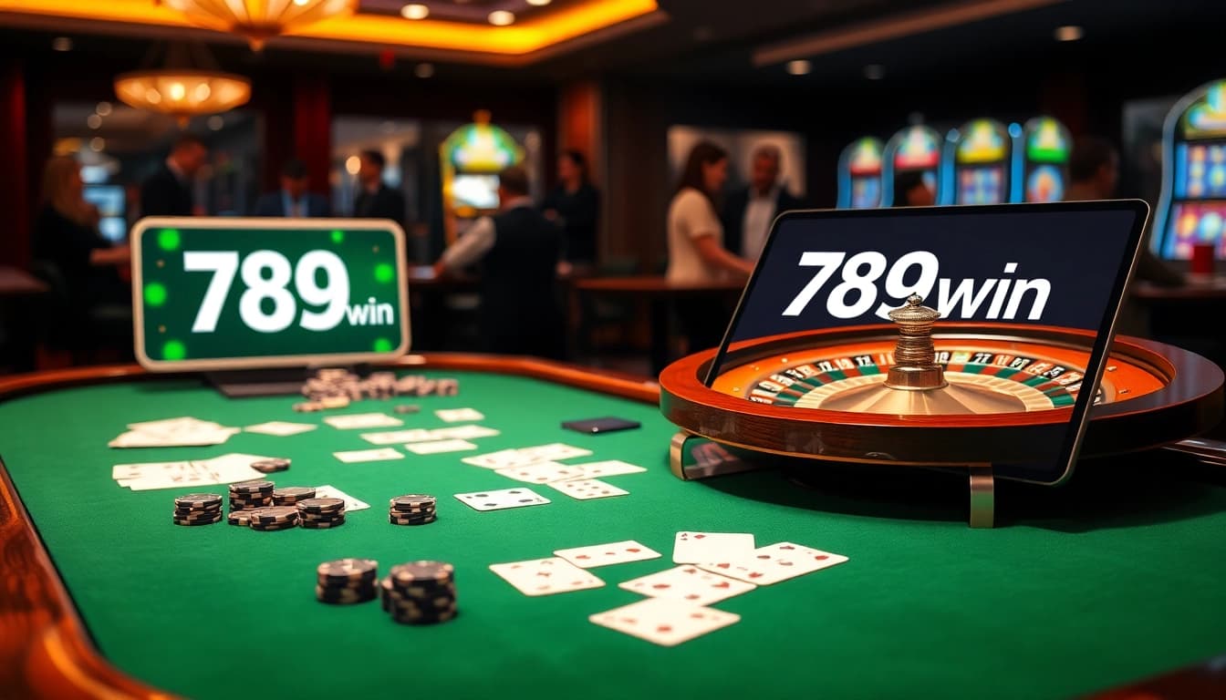 Experience the excitement of 789win with a lavish casino scene filled with poker chips and roulette.