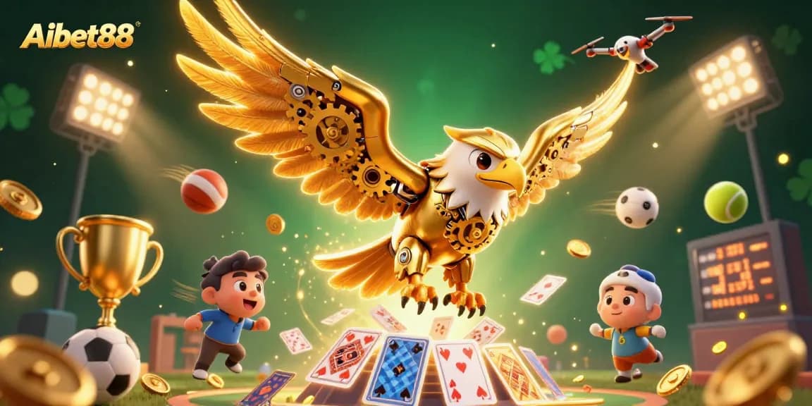 Aibet88 showcases an energetic casino scene with a golden eagle and dynamic sports elements.