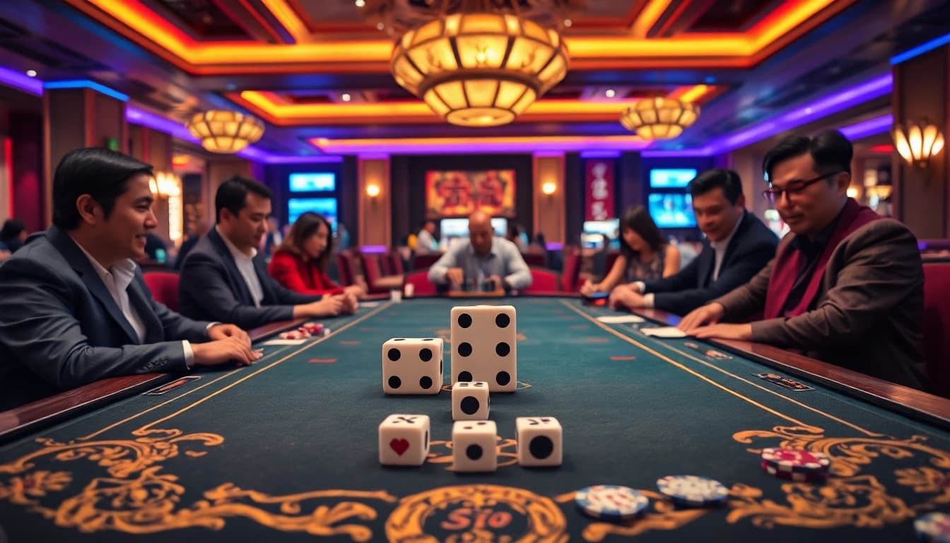 Engaging players at a Tài Xỉu casino table with vibrant action and luxurious ambiance.