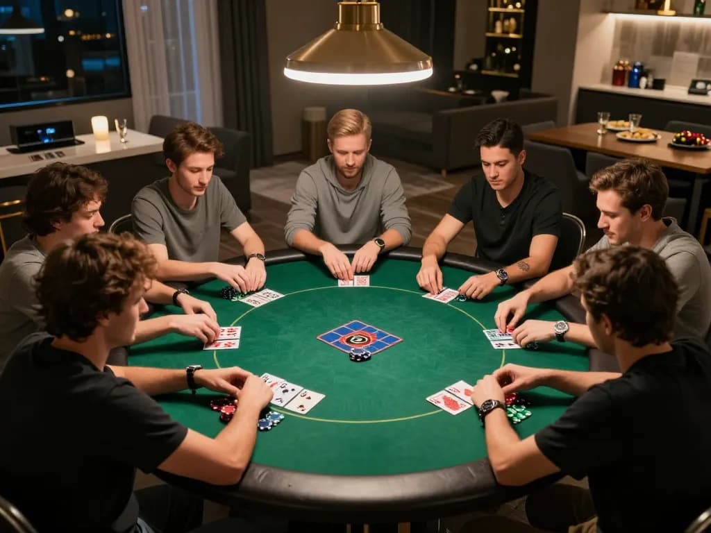 Players engaging in strategic play at a home poker night, evoking the essence of hit club camaraderie.