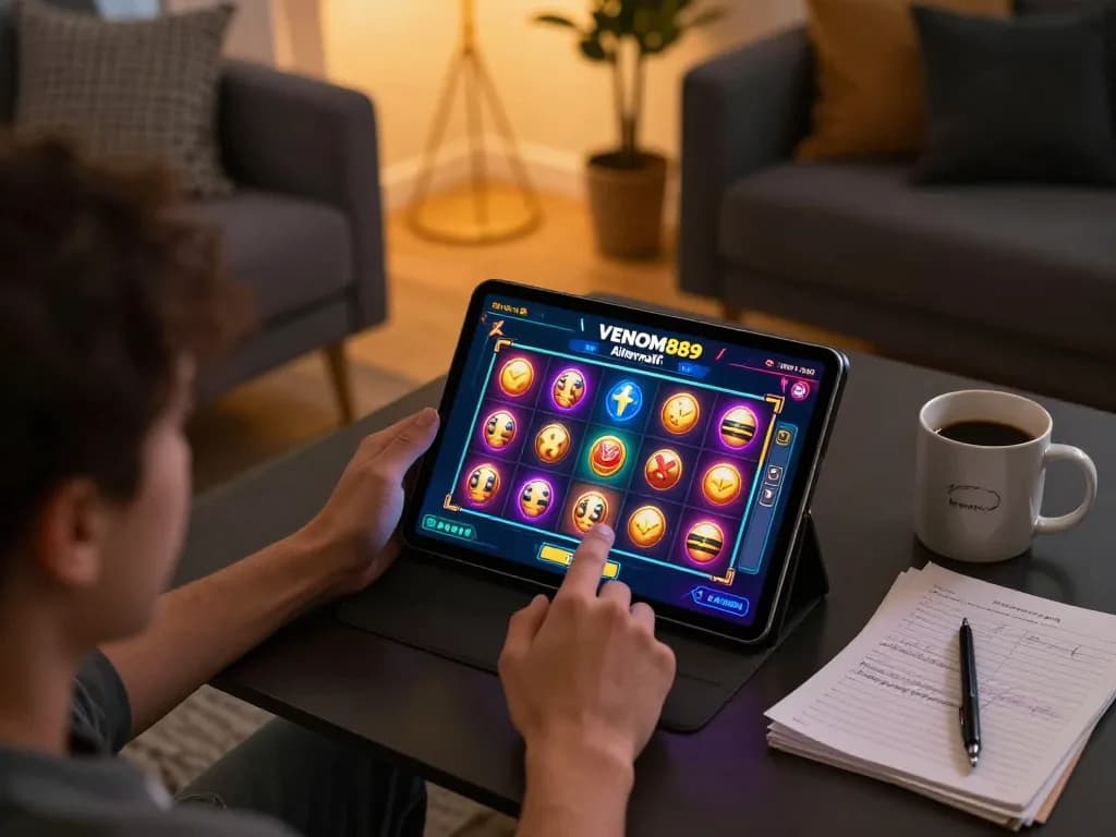 Play online with VENOM889 Alternatif, featuring an engaging slot game on tablet, warm home setting.