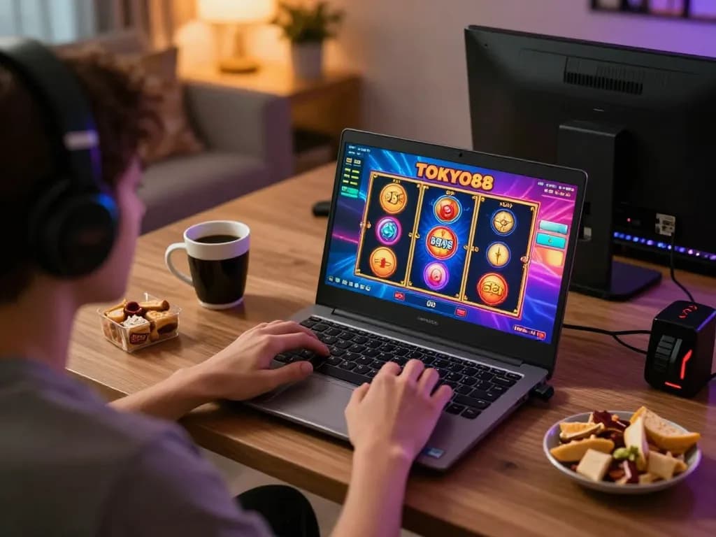 Pengalaman bermain yang menarik dengan slot TOKYO88 ditampilkan di layar laptop, menggambarkan kegembiraan perjudian online.