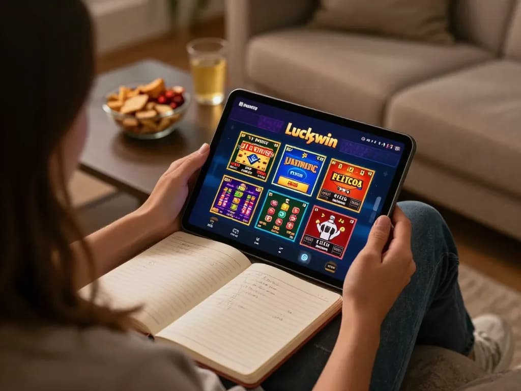 Engaged player using the luckywin casino app for online gaming on a cozy couch setup.