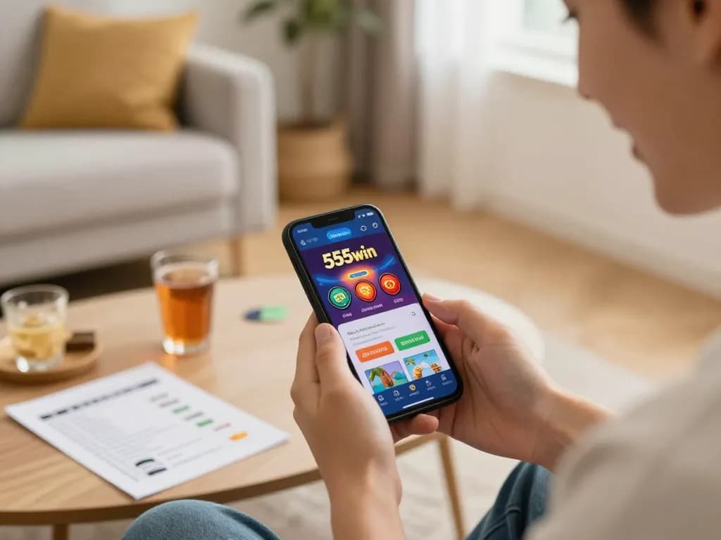 Player enjoying the 555win casino app on smartphone in cozy setting