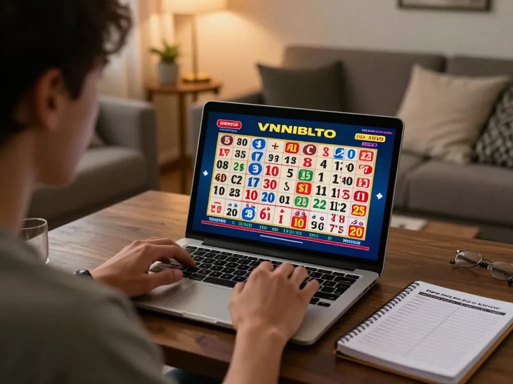Player engaging in online vnloto lottery game with cozy atmosphere and strategy notes