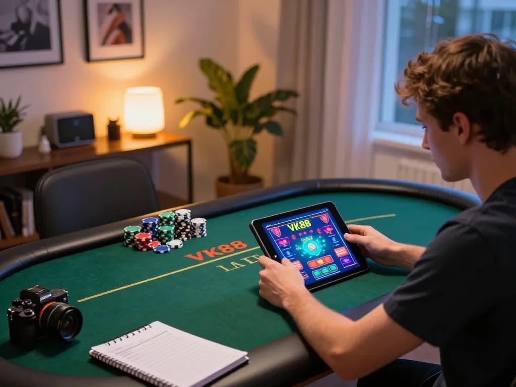 Person strategizing on VK88 poker game interface at home, showcasing engaged online gaming atmosphere.