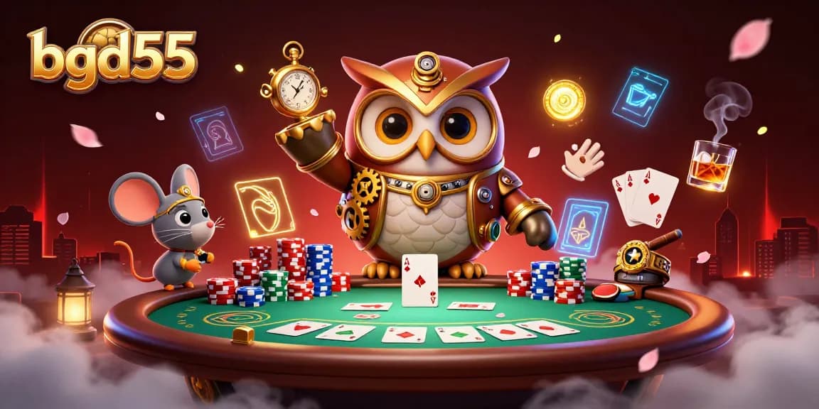 Engage with bgd55 as the time-traveler owl and clockwork mouse navigate a vibrant casino scene.