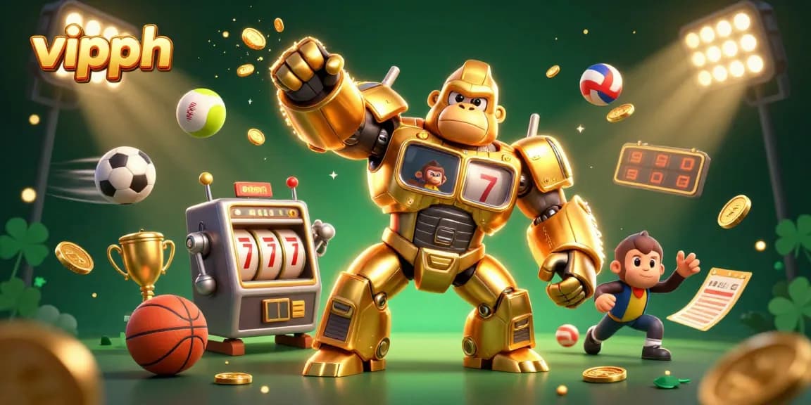 Engage in thrilling action with vipph as the golden gorilla mech triumphantly punches, coins and sports elements explode around.
