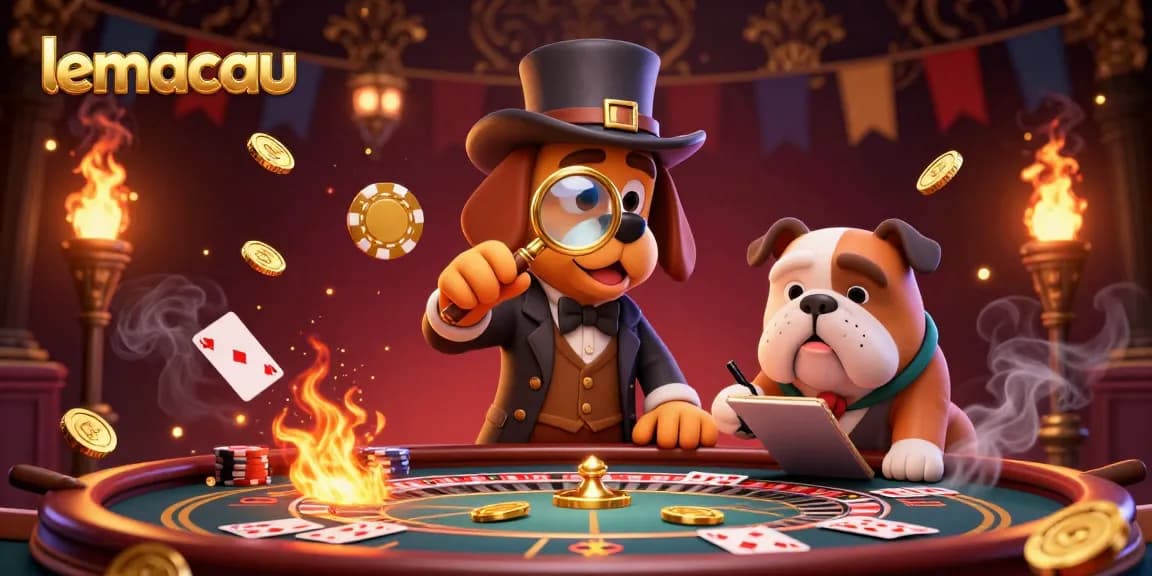 Lemacau live casino scene with a detective bloodhound and bulldog companion examining poker clues.