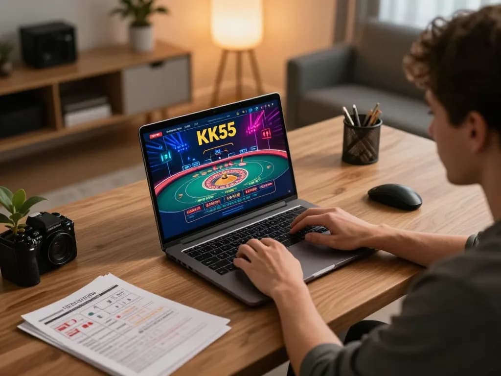 Engaging with KK55 live dealer games on a laptop in a stylish home office.