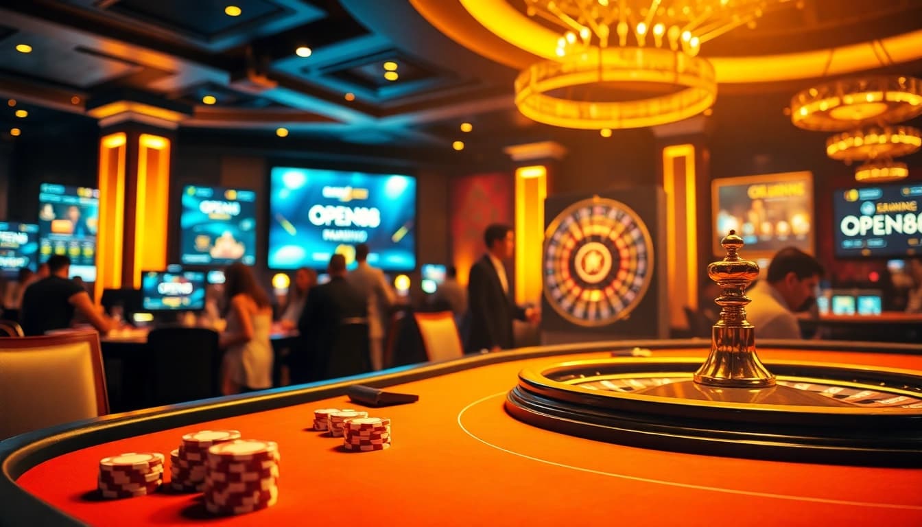 Experience the thrill of OPEN88 with lively casino games, poker tables, and roulette wheels.