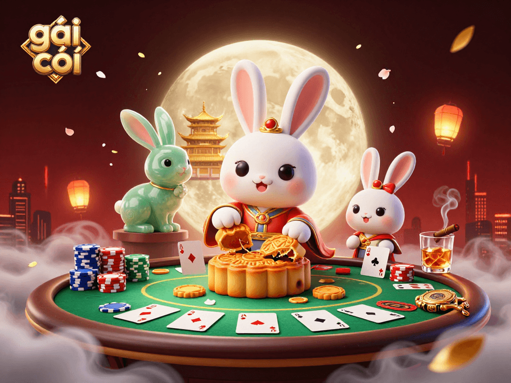 Engage in thrilling poker action with the delightful gái gọi scene featuring moon rabbits and vibrant game elements.