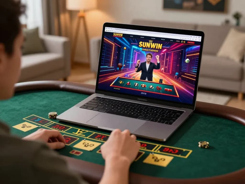 SUNWIN user engaging in online gambling with a laptop at home, showcasing excitement in a cozy setting.