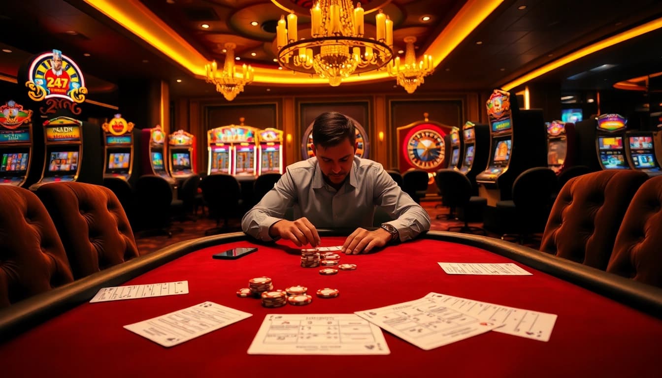 Soi cầu 247 strategies illustrated at a luxurious casino poker table.