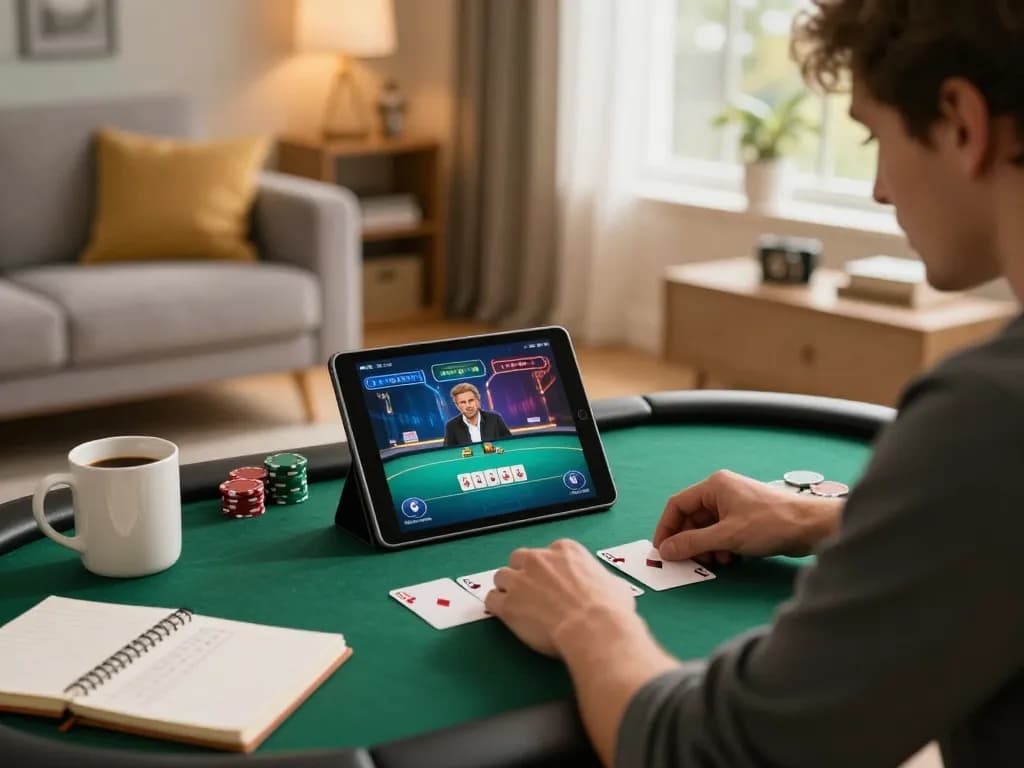 GA88 player strategizing bets while enjoying online poker on a tablet in a cozy home.