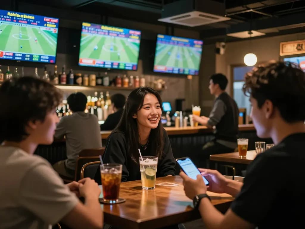 Kèo nhà cái displayed on screens as sports fans cheer and bet together in a lively bar setting.