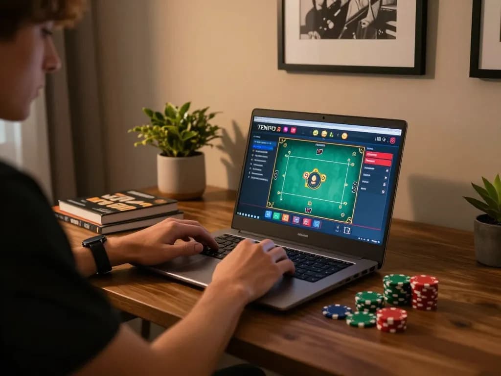 Playing Tempo123 on a laptop while engaged in responsible online gambling strategies