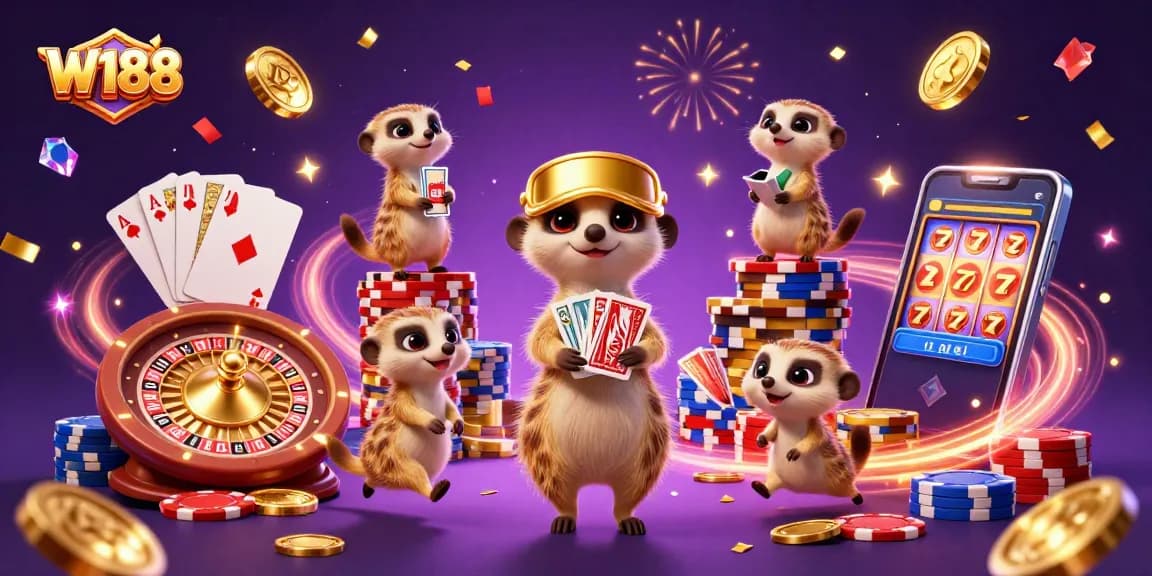 W188 offers an engaging casino experience with meerkats enjoying dynamic gameplay and vibrant decorations.