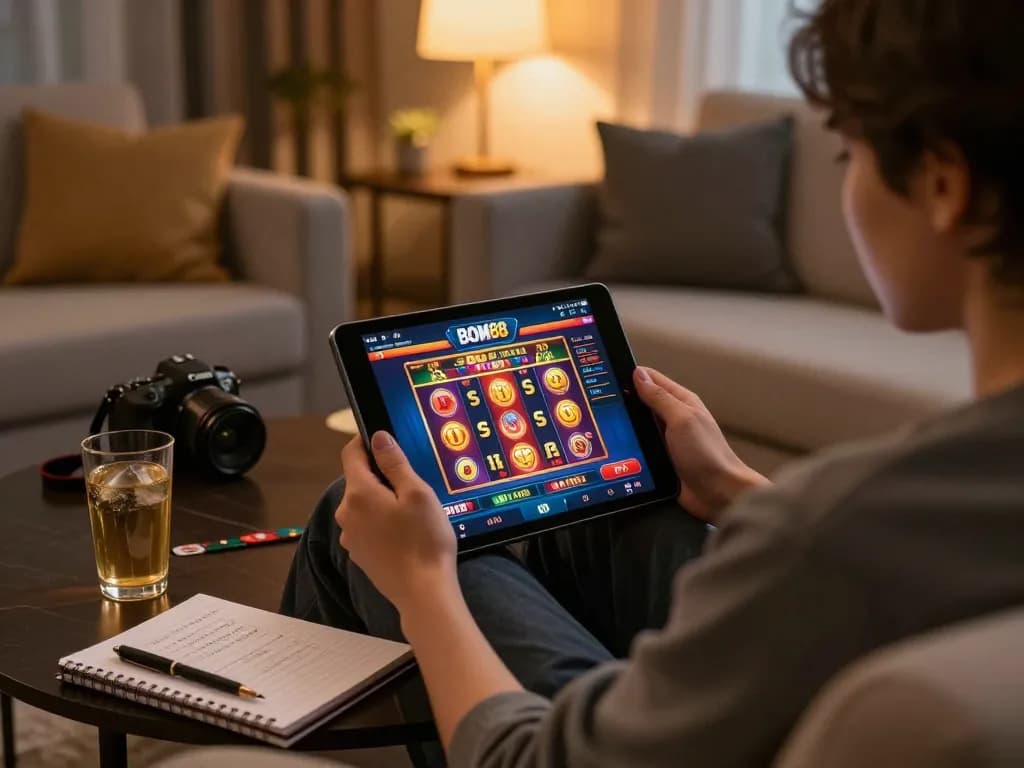 Pemain BOM88 terlibat dalam perjudian online di tablet dalam pengaturan rumah yang nyaman dengan catatan strategi yang terlihat.