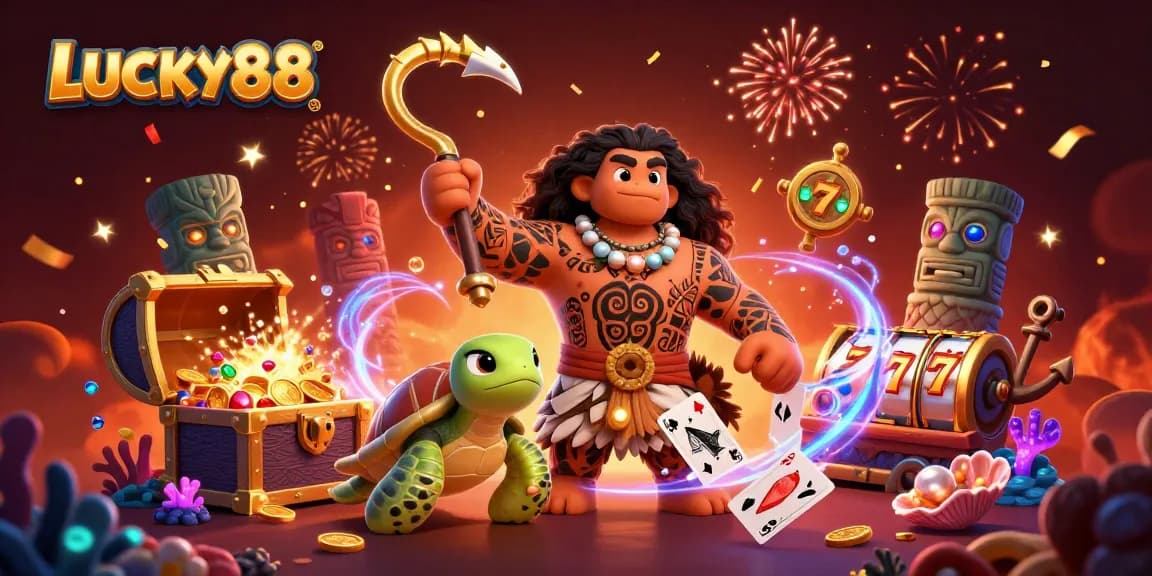 Experience the excitement of LUCKY88 with colorful casino elements and vibrant characters.