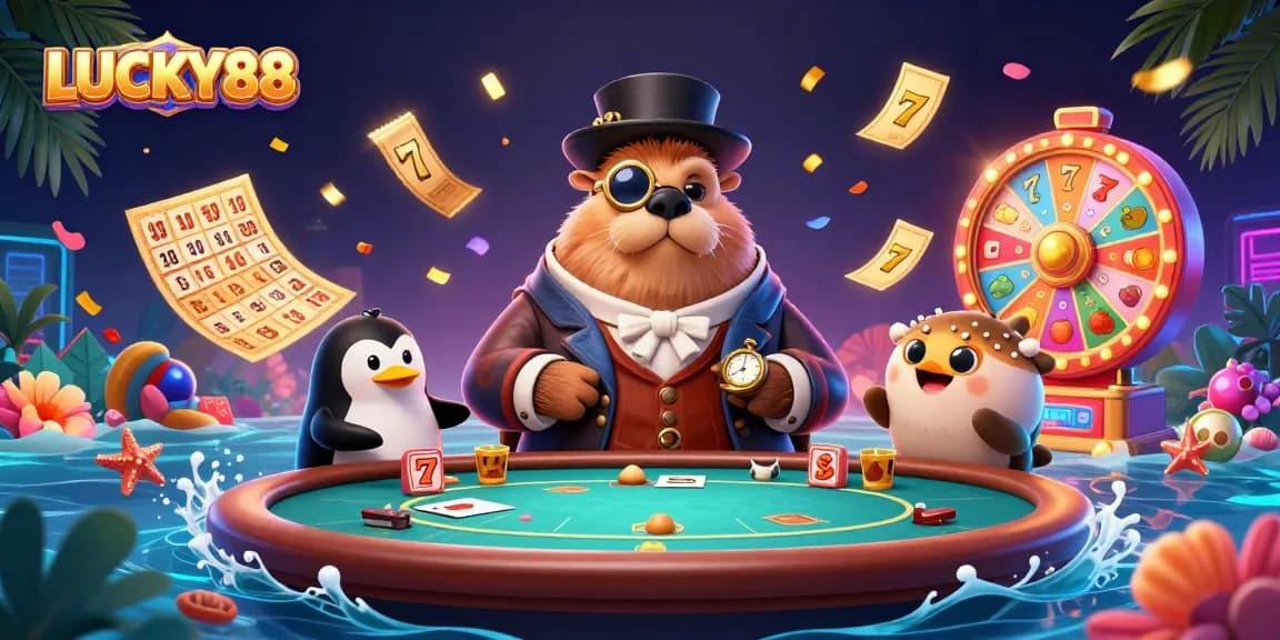 Play exciting LUCKY88 with cartoon characters at an underwater casino table full of vibrant gaming elements.