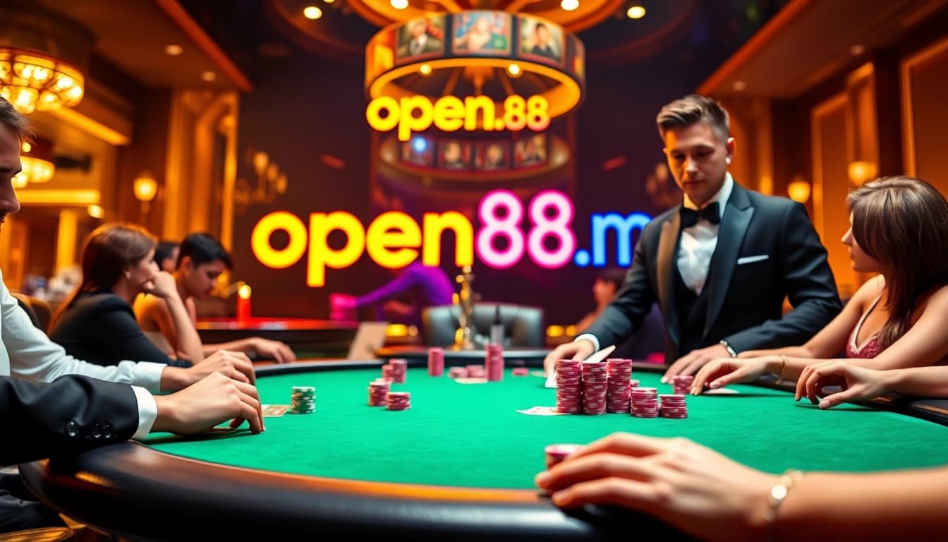 A thrilling poker game at open88.mobi featuring players, cards, and colorful casino ambiance.