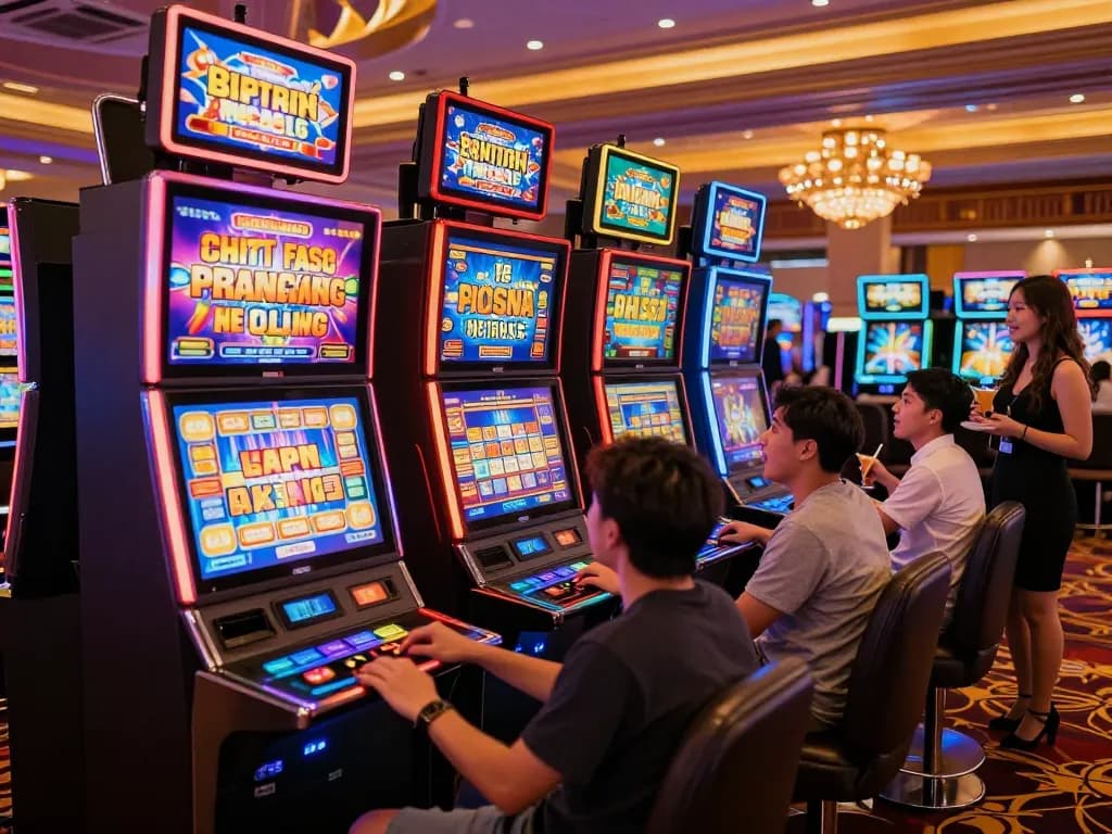 Players enjoying diverse slot machines at VK88, celebrating wins in a vibrant casino atmosphere.