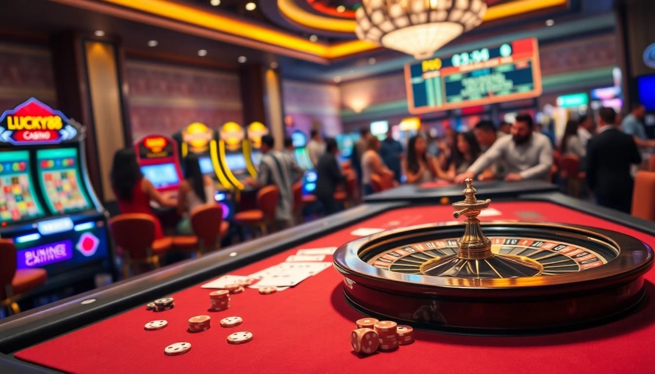 Experience the thrill of gaming at LUCKY88 with vibrant tables and excited players.