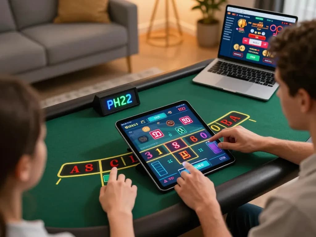 Engaged player using PH22 app for live dealer blackjack in a cozy home setting