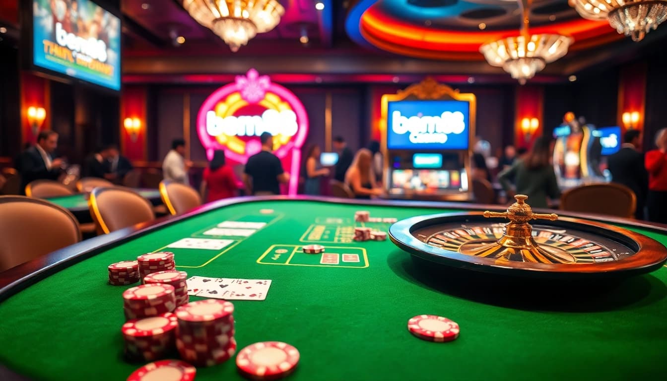 Players engaging at a gambling table while enjoying the excitement of bem88.