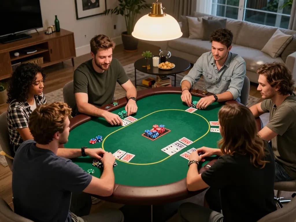 Engaged friends play Texas Hold'em poker around a green felt table, featuring the Boutiq Switch.