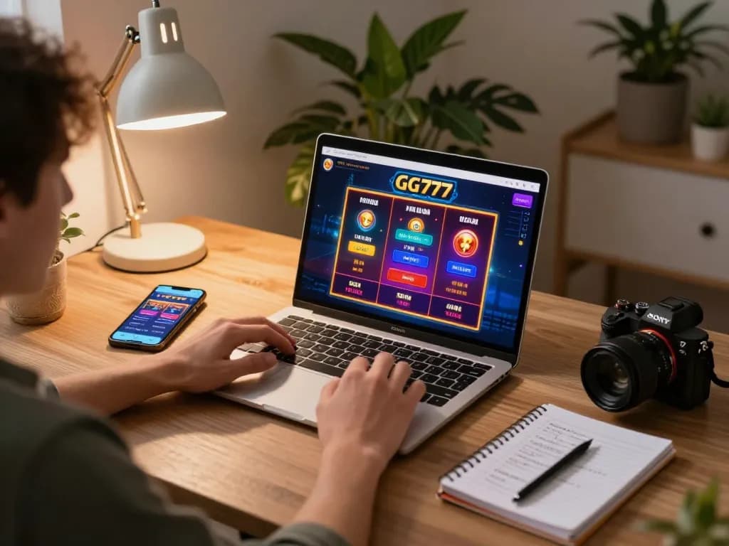 Engaged player navigating GG777 online casino platform on a laptop, showcasing vibrant gaming interface.