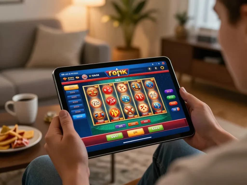 Experience online gaming at 789p with vibrant slots and poker interface in cozy home setting.