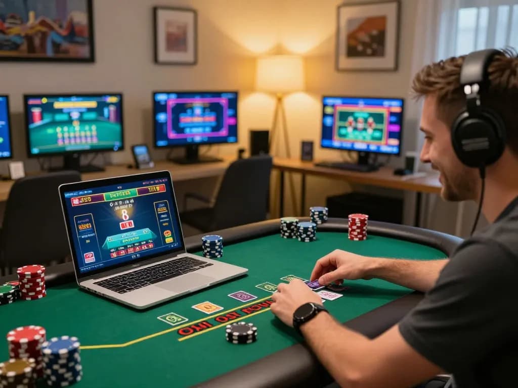 mm88 player celebrating a win during an online blackjack game with laptop and drink