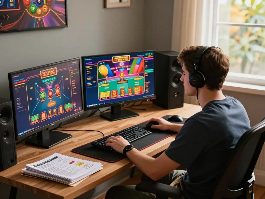 NK88 online player strategizing for better odds with multiple screens displaying games.