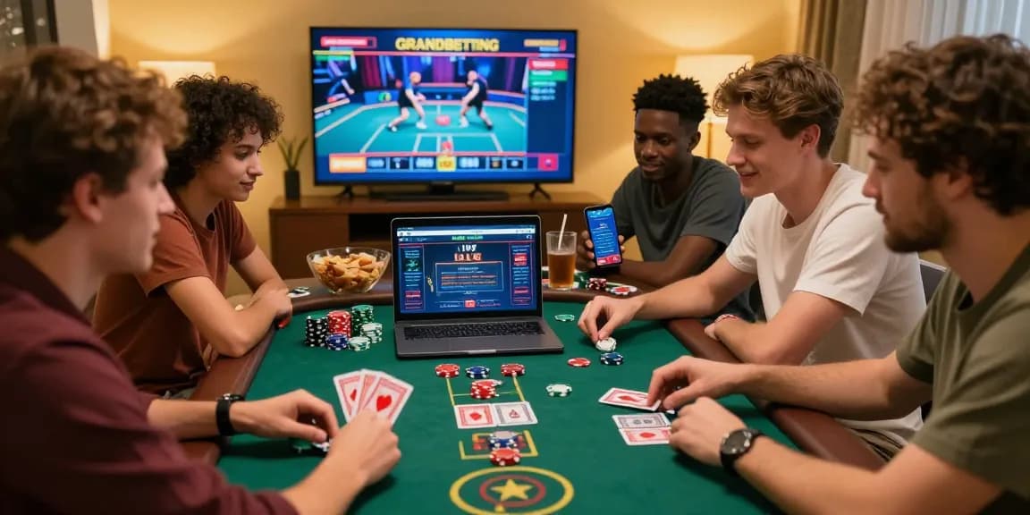 Exciting Grandbetting live casino gaming scene with friends in a cozy setting, showcasing thrilling online gambling experience.