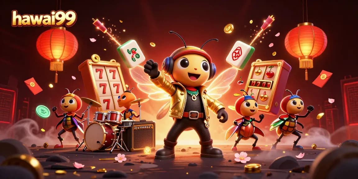 hawai99 featuring a cartoon cicada rock star performing amidst vibrant casino elements.