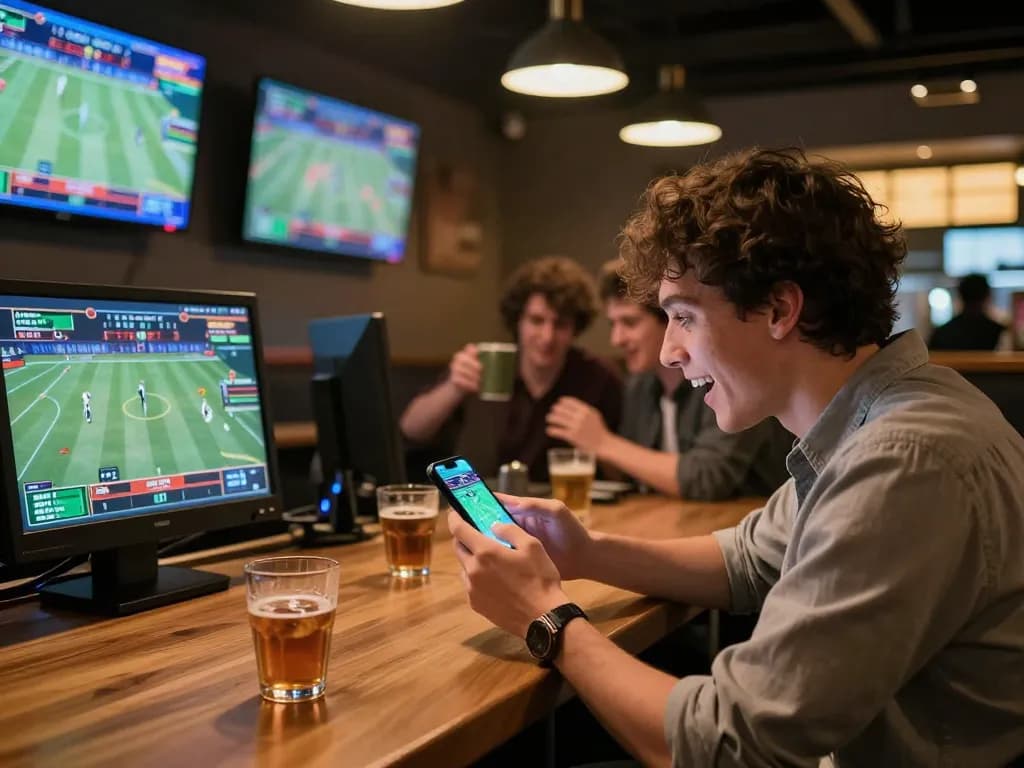 Experience the excitement of sports betting at FUN88 with friends, smartphone in hand, displaying live game odds.