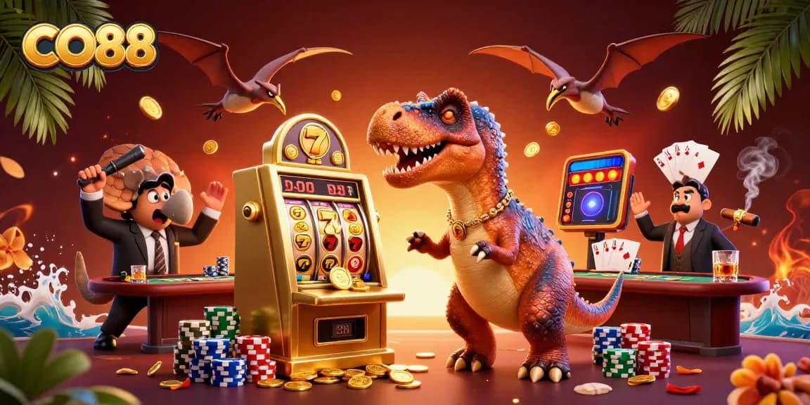 CO88 bonuses activate jackpots with playful dinosaurs in action-packed casino scene