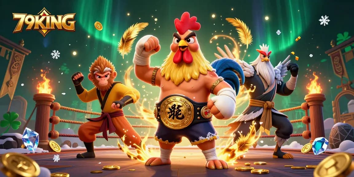 Experience 79KING's thrilling action with a Muay Thai rooster and a Shaolin monkey in a dynamic casino scene.