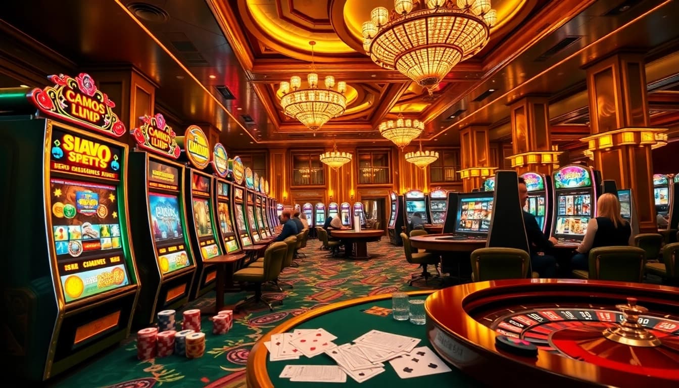 Engage with the demo slot gaming experience at a luxurious casino filled with vibrant slot machines.