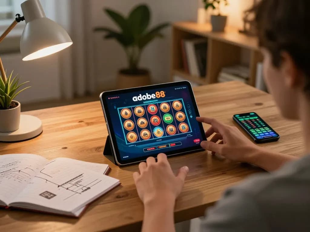 Engaging with adobet88 slot online on a tablet at home, showcasing strategic gameplay and comfort.