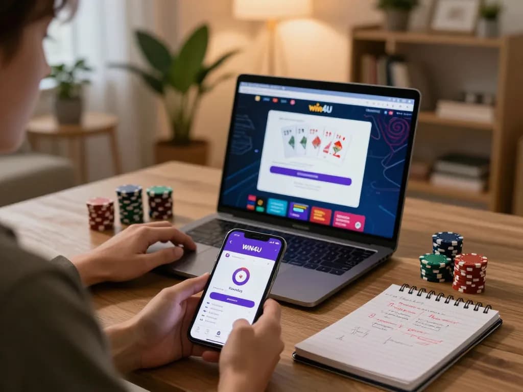 Player engaged in win4u login on laptop depicting a thrilling online casino experience