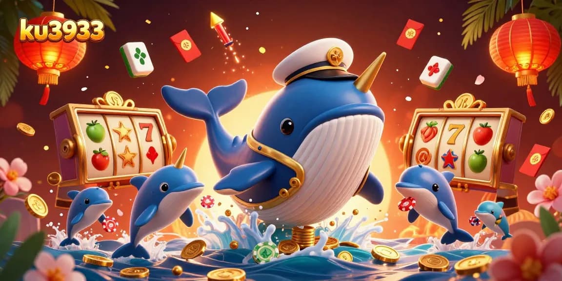 Experience thrilling slots with ku3933 illustrations featuring a whale, narwhal, and dolphins in action.