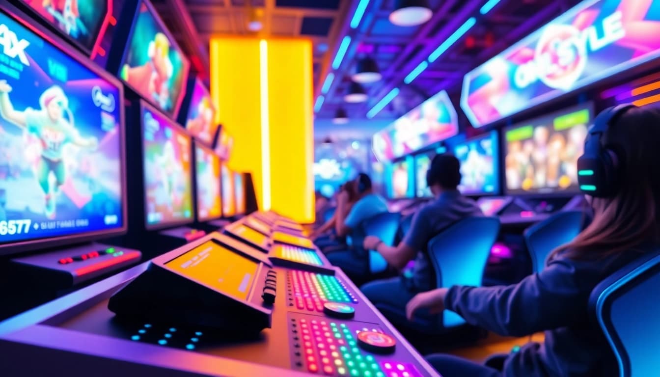 Experience the excitement of AT99娛樂城 with a vibrant online gaming arcade filled with colorful LED lights.