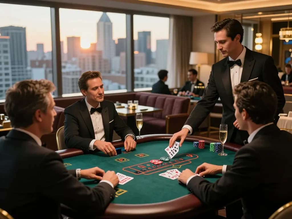 Players celebrate at a blackjack table as they create a caricature moment under warm casino lights