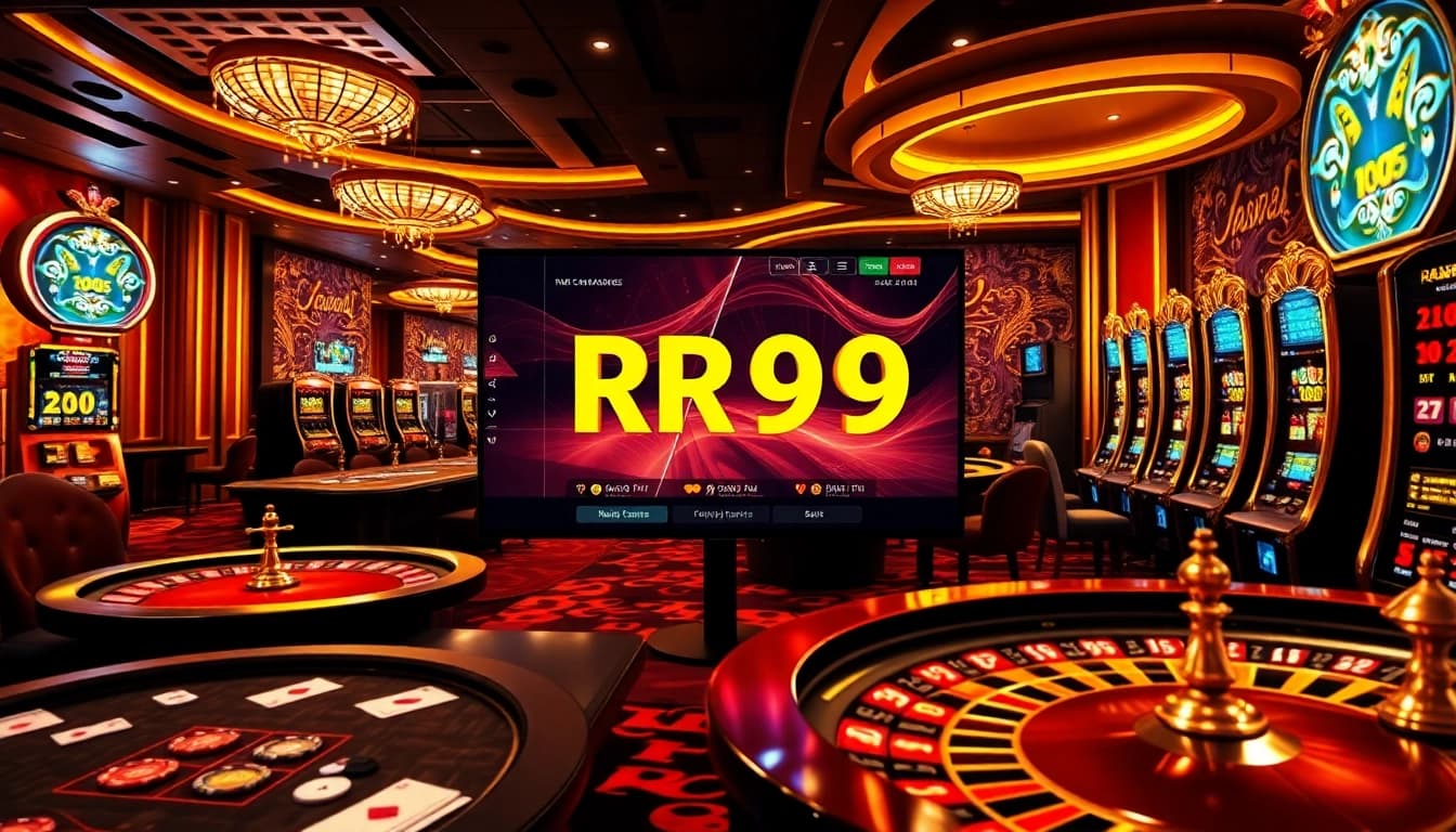 Experience the thrill of RR99 online gambling with luxurious casino visuals featuring vibrant tables and slot machines.